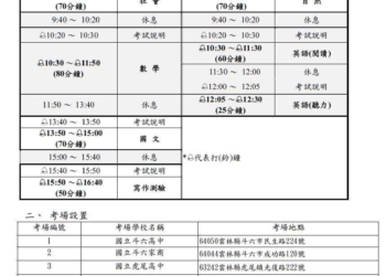 ▲國中會考時間表及考場設置。(表/雲林縣政府提供)