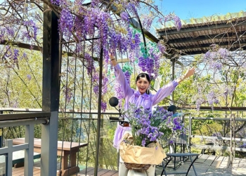 ▲療癒女聲楊淨宇赴瑞里紫藤花季演出，趁空檔暢遊海鼠山。（圖/嘉義縣政府提供）