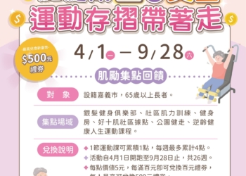 ▲嘉義市衛生局鼓勵長者持續運動，推出「點點成金換獎金，運動存摺帶著走」。(圖/嘉義市政府提供)