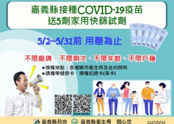 ▲嘉義縣接種任一COVID19疫苗，就送5劑家用快篩試劑。(圖/嘉義縣政府提供)
