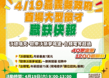 ▲嘉義縣今年度首場大型徵才活動，將於4/19在民雄國中活動中心登場。（圖/嘉義縣政府提供）